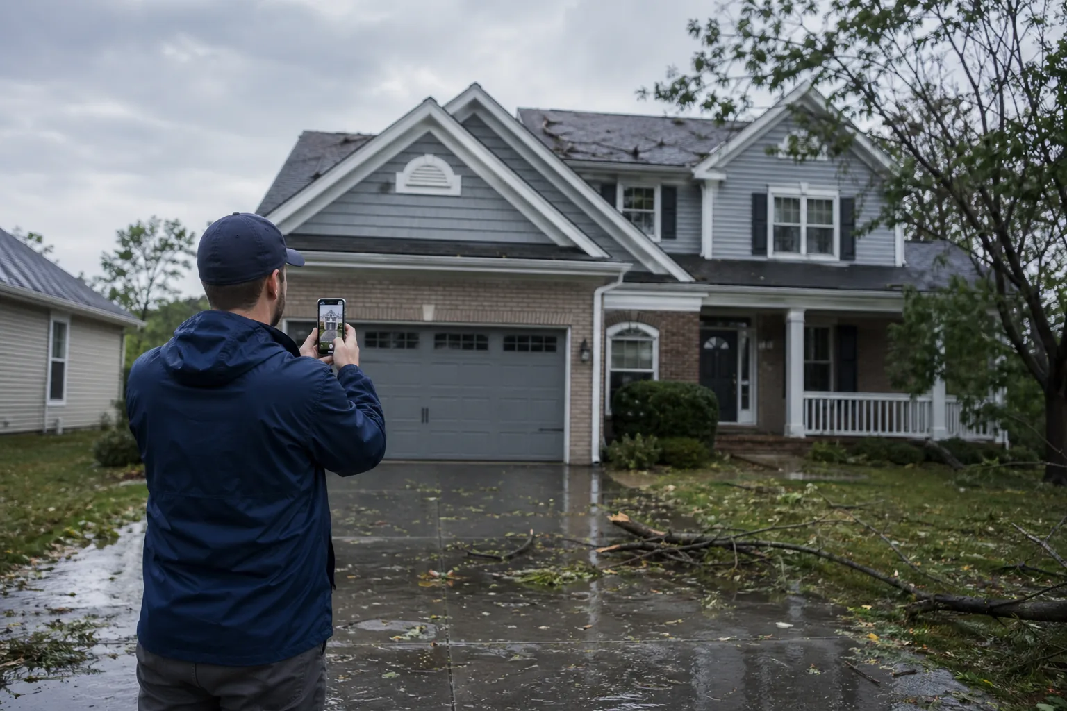 Post-storm exterior condition check at a residential property